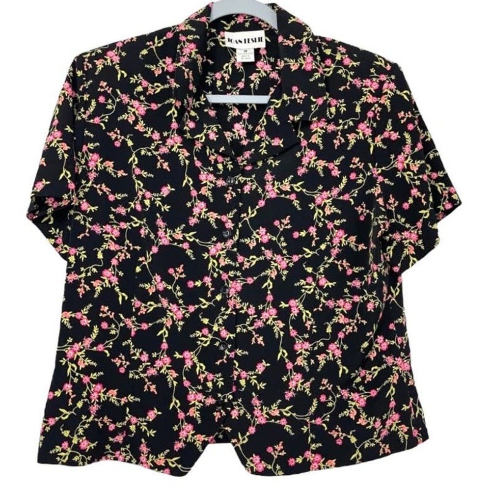 JOAN LESLIE BLACK PINK FLORAL BUTTON DOWN TOP SIZE 14